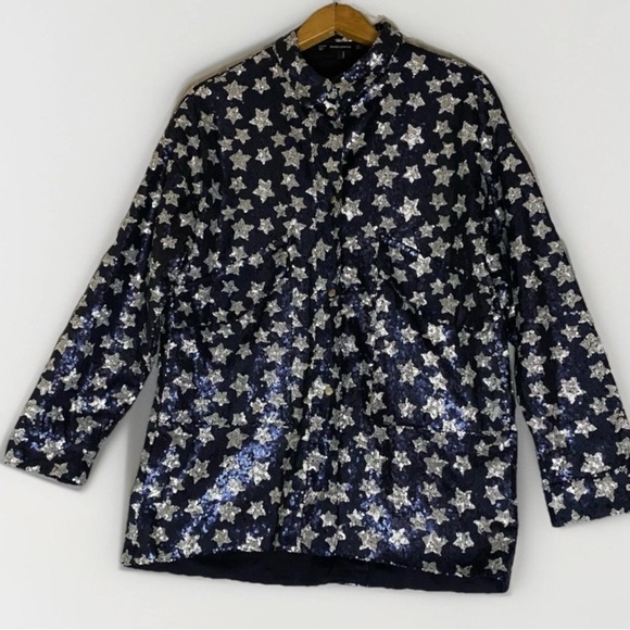ZARA Blue Silver Star Sequin Shirt Jacket Sz M Bowie Ziggy Festival Oversized - Picture 1 of 10